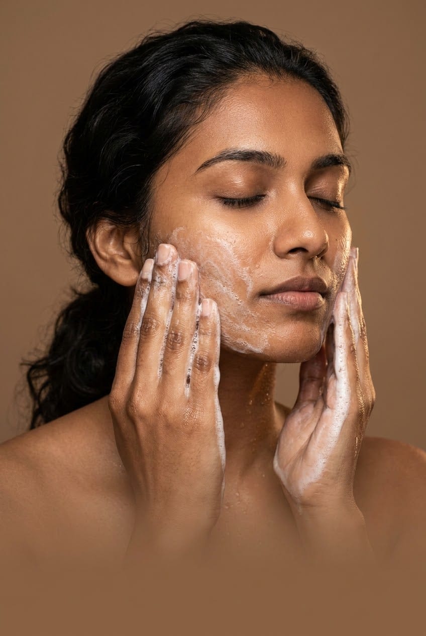 Illustration of a woman washing her face, lather along the jaw