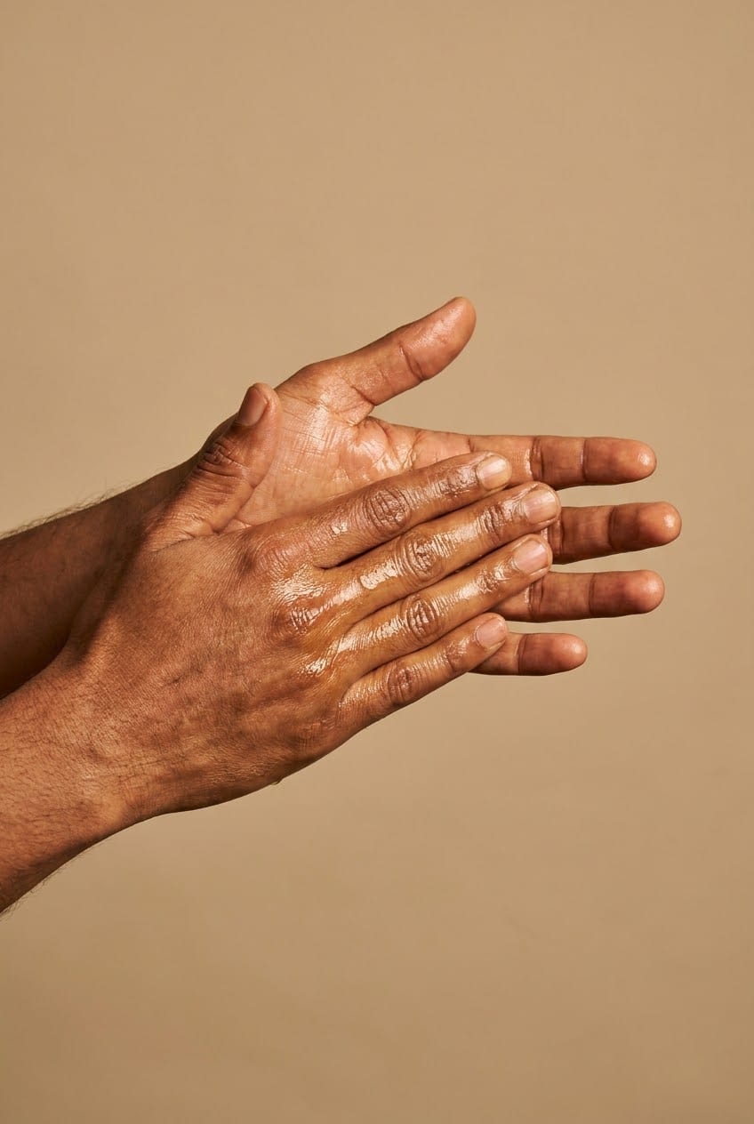 Illustration of two palms warming oil before pressing it in