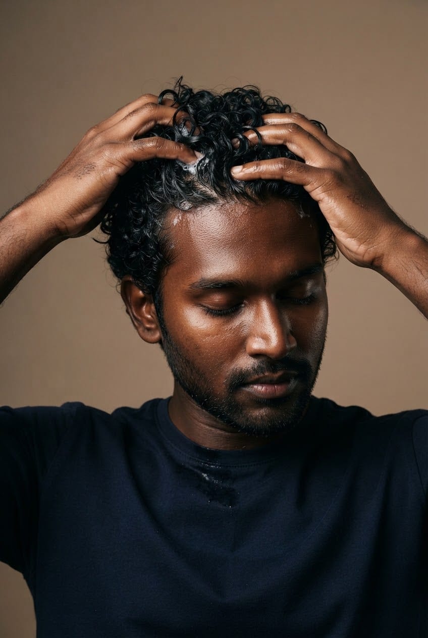 Illustration of a man lathering his own wet scalp