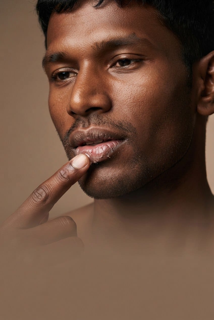 Illustration of a man pressing balm onto a chapped lower lip