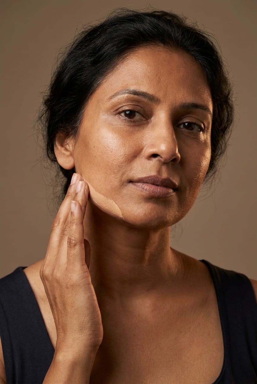 Illustration of a woman blending base along her jawline