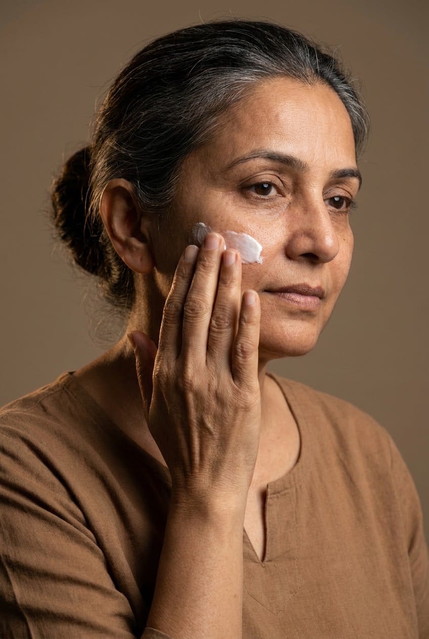 Illustration of a woman pressing cream into her cheek