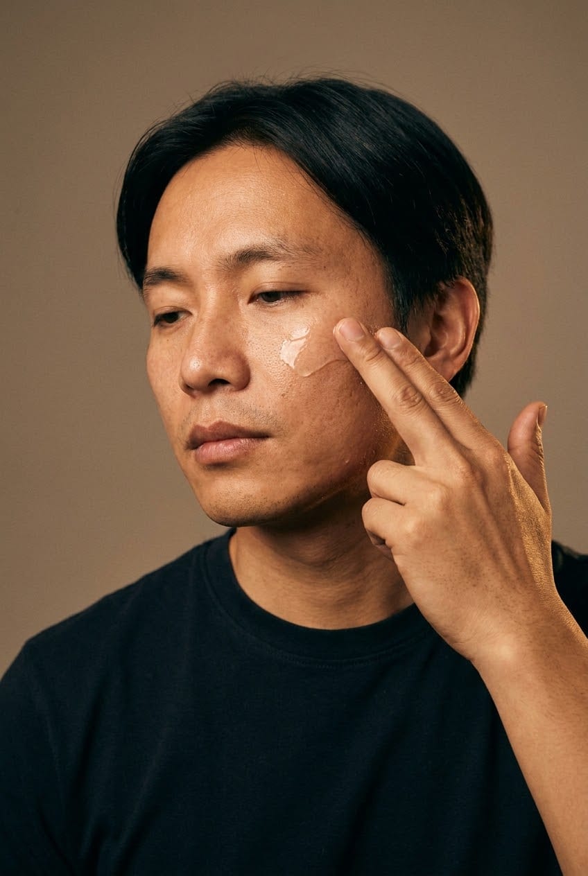 Illustration of a man pressing serum into his cheek