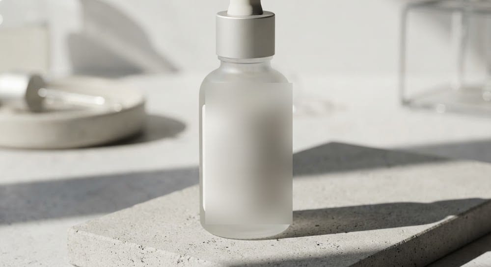 An unlabelled dropper bottle on a concrete slab